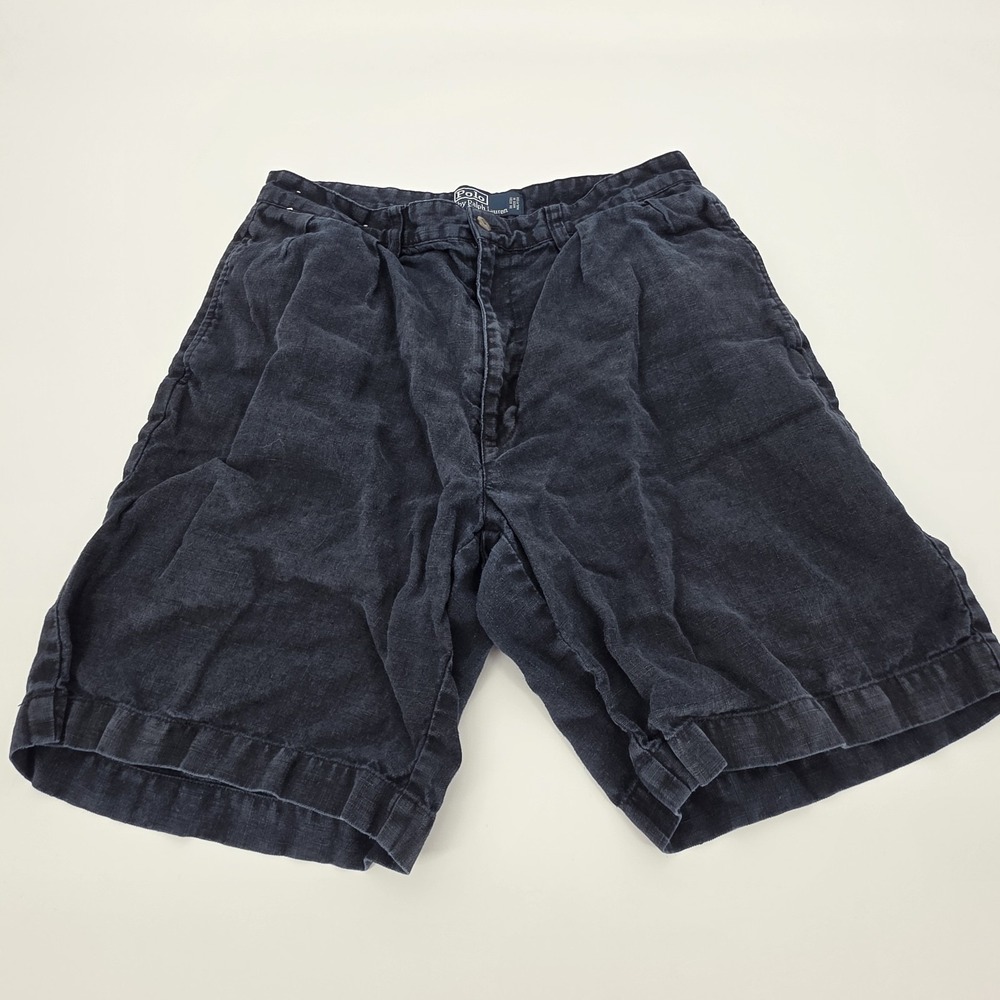 Polo Ralph Lauren 100% Linen Tyler Short Mens 30, Blue Pleated 8" inseam Vintage